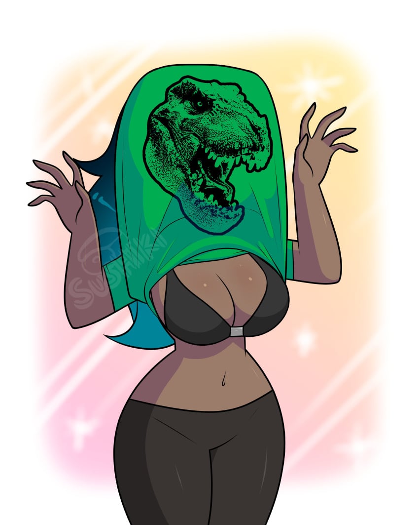 anita_(sushiki) bra breasts brown_skin cleavage curvaceous curvy curvy_female curvy_figure dinosaur hands_up meme sushiki t-shirt tyrannosaurus_rex