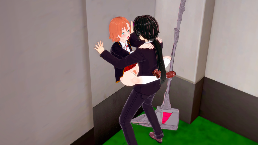 1boy 1girls 3d against_wall ahe_gao black_hair canon_couple color deskchair female green_eyes hammer human implied_penetration indoors koikatsu lie_ren male no_panties nora_valkyrie orange_hair pubic_hair rooster_teeth rwby school_uniform standing_sex tongue_out weapon