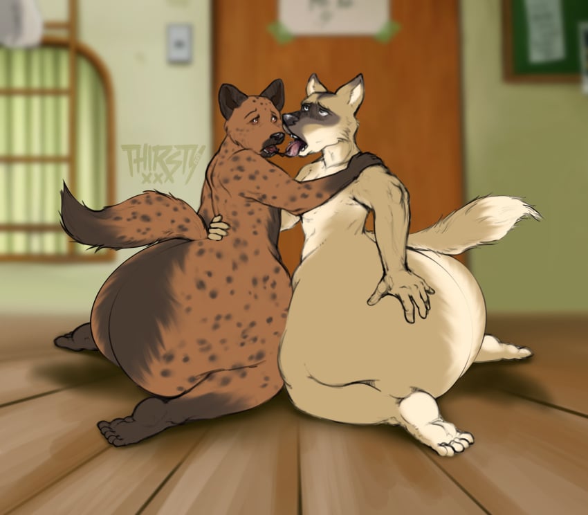 absurd_res anthro ass beastars big_butt bodily_fluids brown_body brown_fur canid canine canis coyote duo durham_(beastars) friends fur hand_on_butt hand_on_hip hand_on_shoulder hi_res huge_butt huge_thighs hyena intimacy looking_pleasured making_out male male/male mammal miguno_(beastars) nude saliva saliva_on_tongue saliva_string sloppy_kiss spots spotted_body spotted_hyena tan_body tan_fur thick_thighs thirstydraws