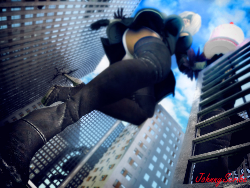 1girls 3d ass birthday_cake blindfold breasts cake city clothing female female_only giantess johnnyscribe light-skinned_female light_skin low-angle_view macro nier nier:_automata short_hair solo solo_female thighhighs white_hair yorha_2b