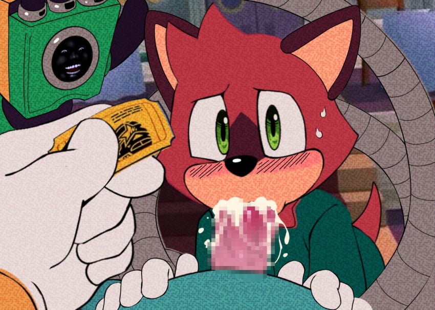 anthro anthro_on_anthro anthro_penetrated anthro_penetrating anthro_penetrating_anthro barry_the_quokka black_body black_male blush bodily_fluids bow_tie canid canine canis censored censored_genitalia censored_penis clothed clothing conductor_(sonic) cum cum_in_mouth cum_inside cumshot dark-skinned_male dark_skin domestic_dog duo ejaculation fellatio fellatio_pov first_person_view fur genital_fluids genitals gloves green_body green_eyes green_fur handwear humanoid_genitalia humanoid_penis inside machine macropod majin_secretk male male/male mammal marsupial meme mosaic_censoring on_model oral penetrated_pov penetration penile penis quokka receiving_pov red_body red_fur robot sex sonic_(series) sonic_the_hedgehog_(series) sweat sweatdrop the_murder_of_sonic_the_hedgehog ticket