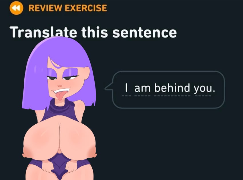 1female alternate_breast_size big_breasts breaking_the_fourth_wall breasts breasts_out dialogue duolingo elliotpeste elpeste english_text eyeshadow female female_only half-closed_eyes huge_breasts imminent_sex large_breasts lily_(duolingo) looking_at_viewer medium_hair narrowed_eyes naughty_face nipples no_outlines open_mouth open_smile purple_hair solo solo_female tongue_out