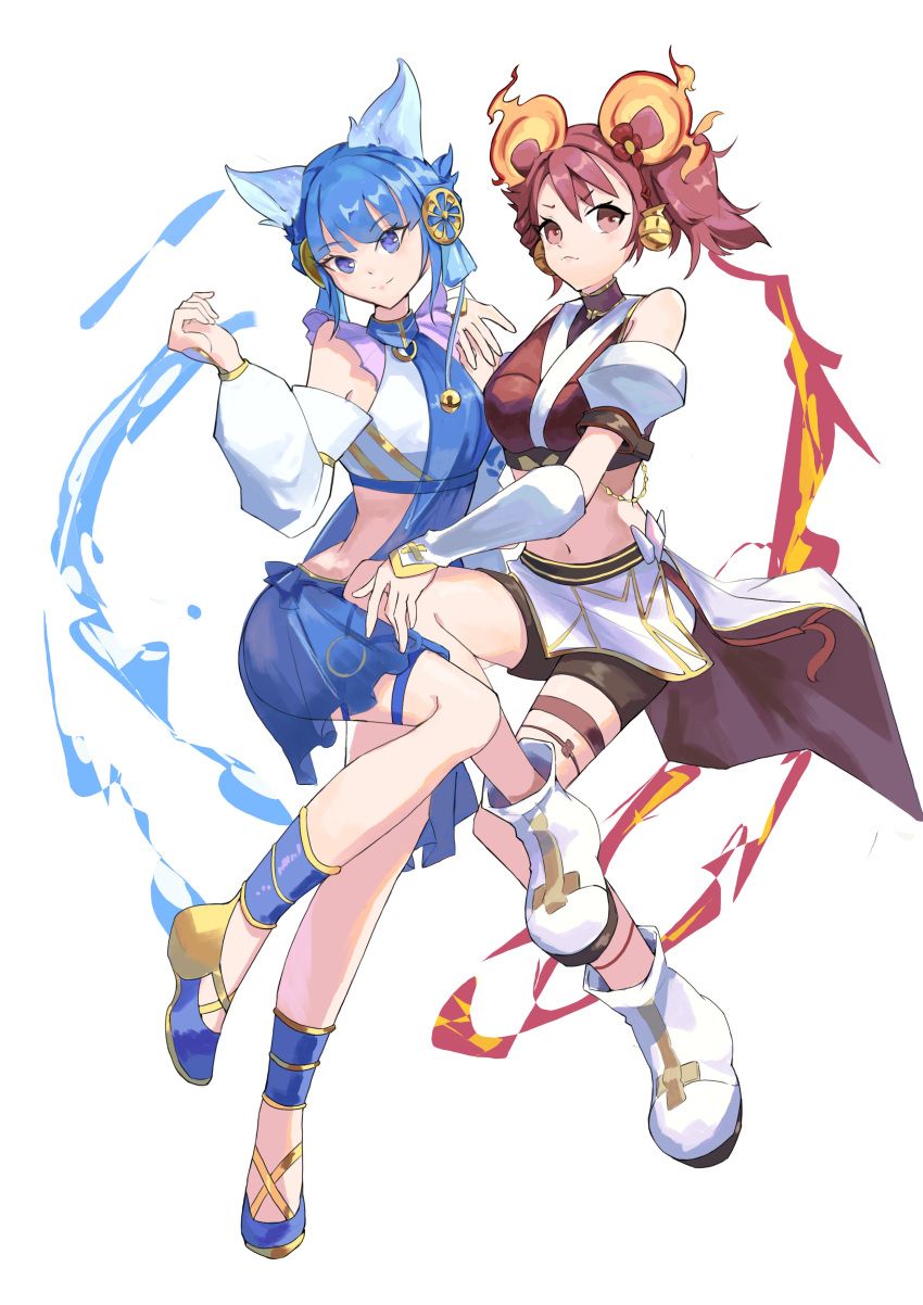 2girls ass blue_hair breasts duel_monster female flats ha-re_the_sword_mikanko japanese_clothes japanese_mythology mary_janes miko ni-ni_the_mirror_mikanko nini_the_mirror_mikanko red_hair shoes translucent_clothing yu-gi-oh!