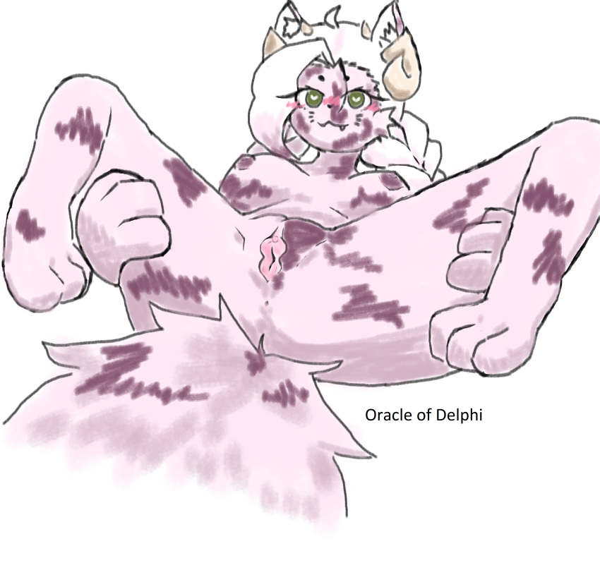 <3_eyes absurd_res anthro big_breasts breasts cryptid delphi domestic_cat fangs felid feline felis female fur genitals heart hi_res horn horned_cat mammal oracle_of_delphi pussy solo spread_legs spreading teeth tortoiseshell_cat