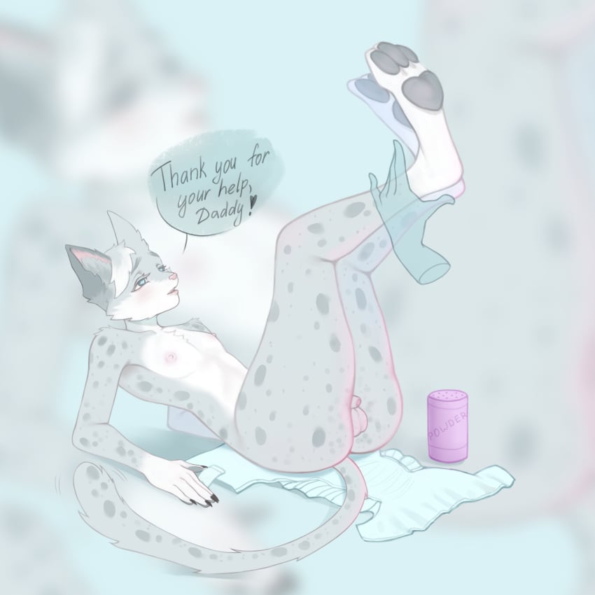 anthro baby_powder balls blue_eyes claws diaper diaper_change diaper_fetish diaperfur digital_drawing_(artwork) digital_media_(artwork) disembodied_hand felid feline femboy furry girly gloves_(marking) grey_body grey_fur humanoid_genitalia humanoid_penis lips male naked nipples nude ooali open_diaper open_mouth pawpads paws penis socks_(marking) speech_bubble spots spotted_body spotted_fur tail testicles white_body white_fur white_hair