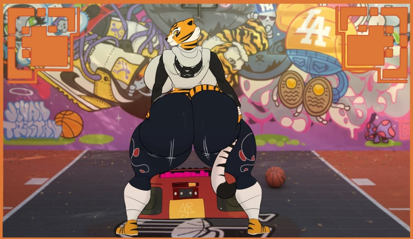 1:1 1girls anthro artist_request background basketball basketball_court blue_pants boombox breasts butt_shake dat_ass dreamworks female female_only full_body full_color furry graffiti grey_jacket holding_ass holding_butt hoodie huge_ass huge_butt jacket kung_fu_panda looking_back master_tigress orange_body orange_fur smile smiling_at_viewer tiger tiger_ears tiger_tail twerk twerking