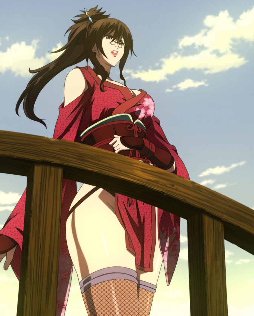 1girls anime_screencap breasts brown_hair clothing fuuun_ishin_dai_shogun glasses green_eyes hattori_kiriko hips mature_female screencap stitched thick_thighs thighs wide_hips