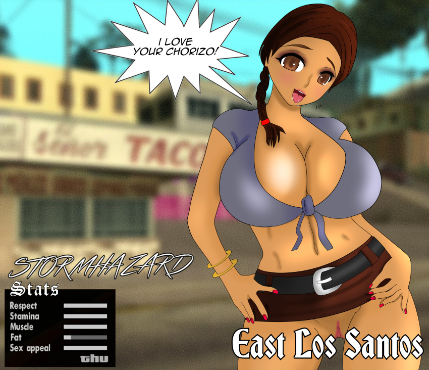 accessory background_character belt bracelet bracelets braided_hair braided_ponytail brown_eyes brown_hair crop_top dark-skinned_female dark_skin drooling grand_theft_auto grand_theft_auto:_san_andreas gta_pedestrians hfypro_(grand_theft_auto) huge_breasts large_breasts miniskirt nail_polish no_panties npc prostitute prostitution pussy stormhazard thick_thighs thighs tongue_out vagina