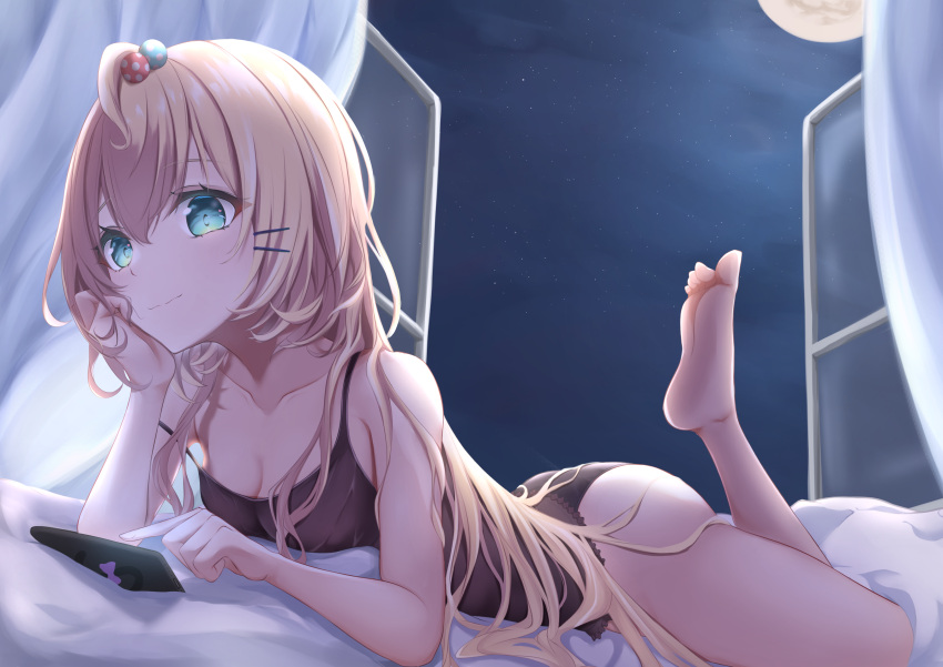 1girls ahoge bare_shoulders barefoot black_panties blonde_hair blue_eyes cleavage exposed_shoulders hair_accessory hair_down hairclip hi_res highres medium_breasts millie_parfait moon night_sky nightgown nightwear nijisanji nijisanji_en no_pants open_window panties romana_(artist) sleepwear small_breasts solo solo_female solo_focus virtual_youtuber yellow_hair