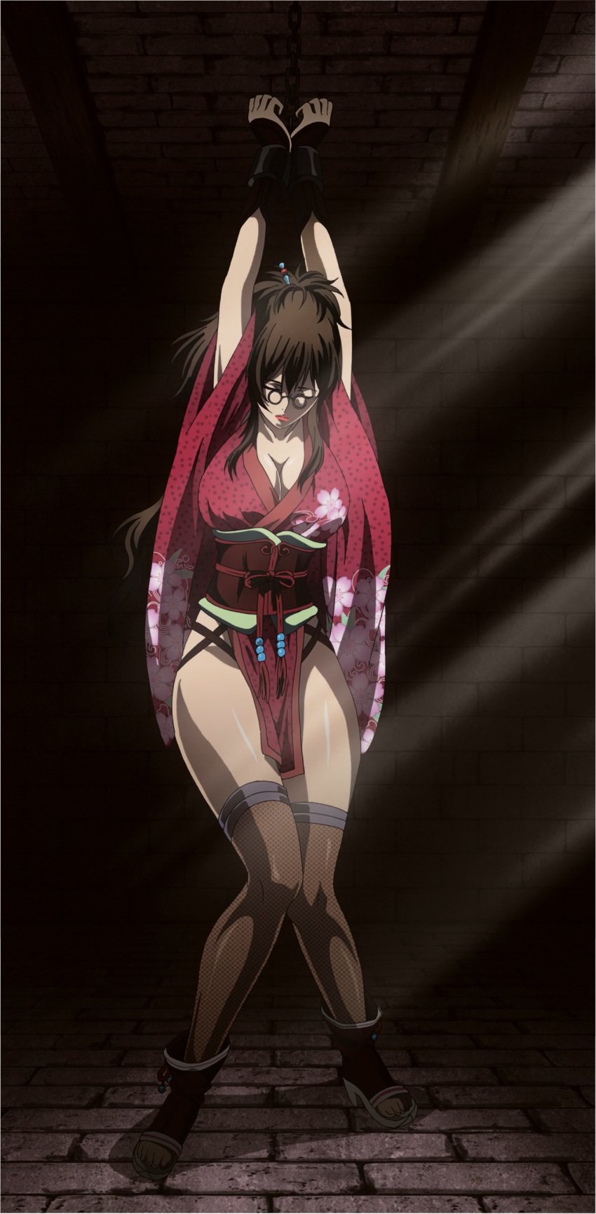 1girls anime_screencap breasts brown_hair closed_eyes clothing fishnets fuuun_ishin_dai_shogun glasses hattori_kiriko hips large_breasts mature_female screencap stitched thick_thighs thighs tied_up wide_hips