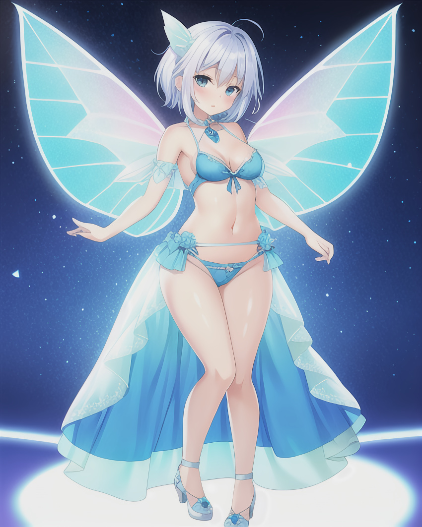 ai_generated blue_bra blue_clothing blue_eyes blue_panties blue_underwear blue_wings cute fairy fairy_wings female female_focus female_only night_background short_hair shy silver_hair small_breasts underwear wings zerjailes