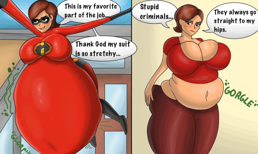 ass bbw belly big_ass big_belly big_breasts breast_growth breasts brown_hair cleavage dialogue digestion elastigirl female female_pred helen_parr mature_female milf post-vore same_size_vore siredwardthethird ssbbw stomach_noises text the_incredibles thick_thighs vore weight_gain wide_hips