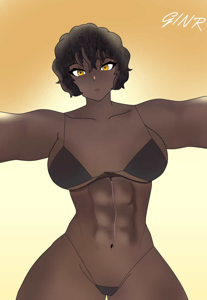 1girls 2d amber_eyes big_ass big_breasts big_butt bikini bikini_armor bikini_top black_bikini black_hair black_lingerie body breasts brown_body brown_nose brown_skin curly_hair female leaning leaning_on_object lilith_kelly nervous short_bikini short_hair six_pack strong_woman therealjean thick_ass thick_thighs tomboy twilight