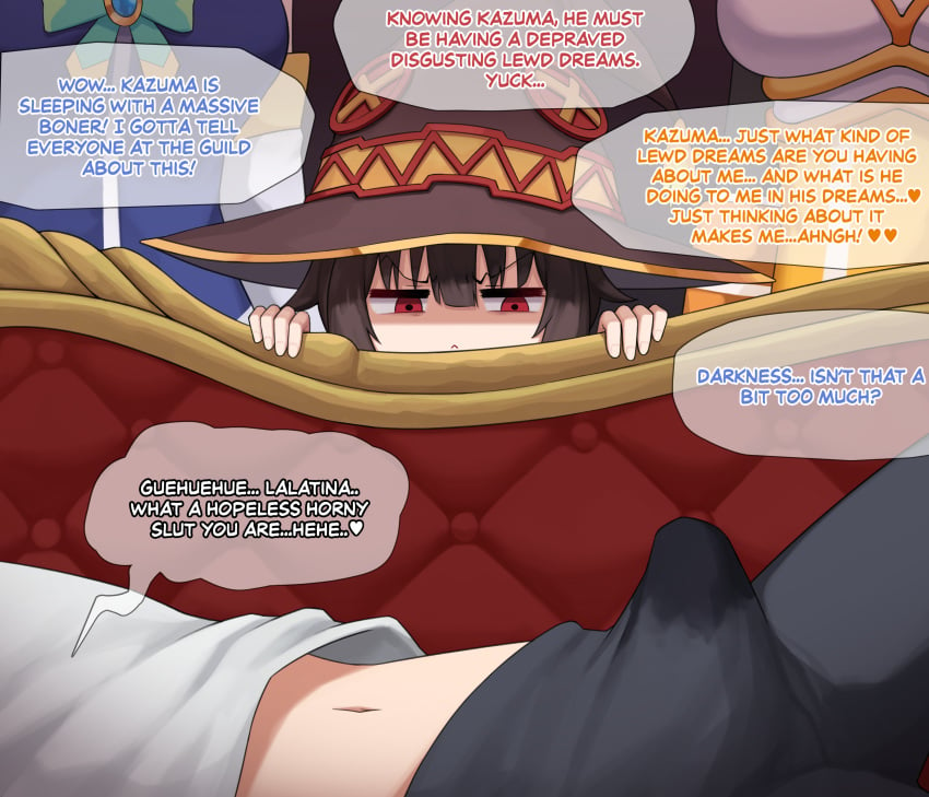 1boy 3girls aqua_(konosuba) asleep boner boner_in_pants darkness_(konosuba) dirty_talk english english_text erect_penis erection erection_under_clothes female kono_subarashii_sekai_ni_shukufuku_wo! last_page light-skinned_male male megumin multiple_girls page_25 poper precum precum_through_clothing red_eyes satou_kazuma sleeping speech_bubble tagme text thought_bubble watching wet_dream witch_hat