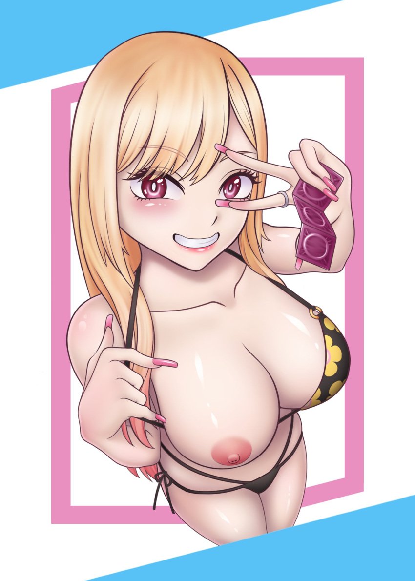 1girls alternate_version_available areolae big_breasts bikini bikini_bottom bikini_top black_bikini blonde_hair blush breasts clavicle cleavage colored_nails condom_packet_strip condom_wrapper condoms exposed_breast eyebrows_visible_through_hair female female_only gyaru hair handwear huge_breasts kitagawa_marin light-skinned_female light_skin lips long_hair long_nails looking_at_viewer nail_polish nails nipples one_breast_out pink_eyes pink_nail_polish pink_nails ring side-tie_bikini smile solo sono_bisque_doll_wa_koi_wo_suru swimwear unopened_condom_wrapper whiter_23_(23whiter)