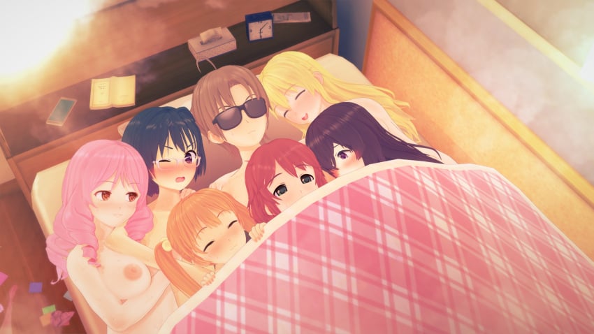 after_sex bed black_hair blanket blonde_hair blue_hair blush condom glasses group hakamichi_shizune harem ibarazaki_emi ikezawa_hanako implied_orgy indoors katawa_shoujo mikado_shiina nakai_hisao naked pink_hair red_hair satou_lilly sunglasses sweat tezuka_rin used_condom witchanon