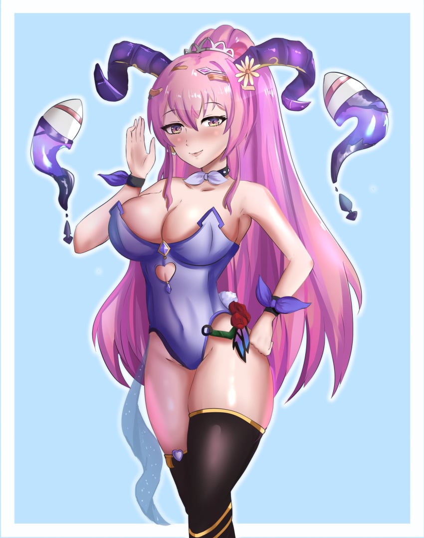 1girls alternate_costume breasts bunny_ears bunny_girl bunnysuit cleavage female female_only fire_emblem fire_emblem_heroes horns large_breasts long_hair looking_at_viewer nerthuz_(fire_emblem) nintendo pink_hair ponytail solo thighs very_long_hair zipperqr