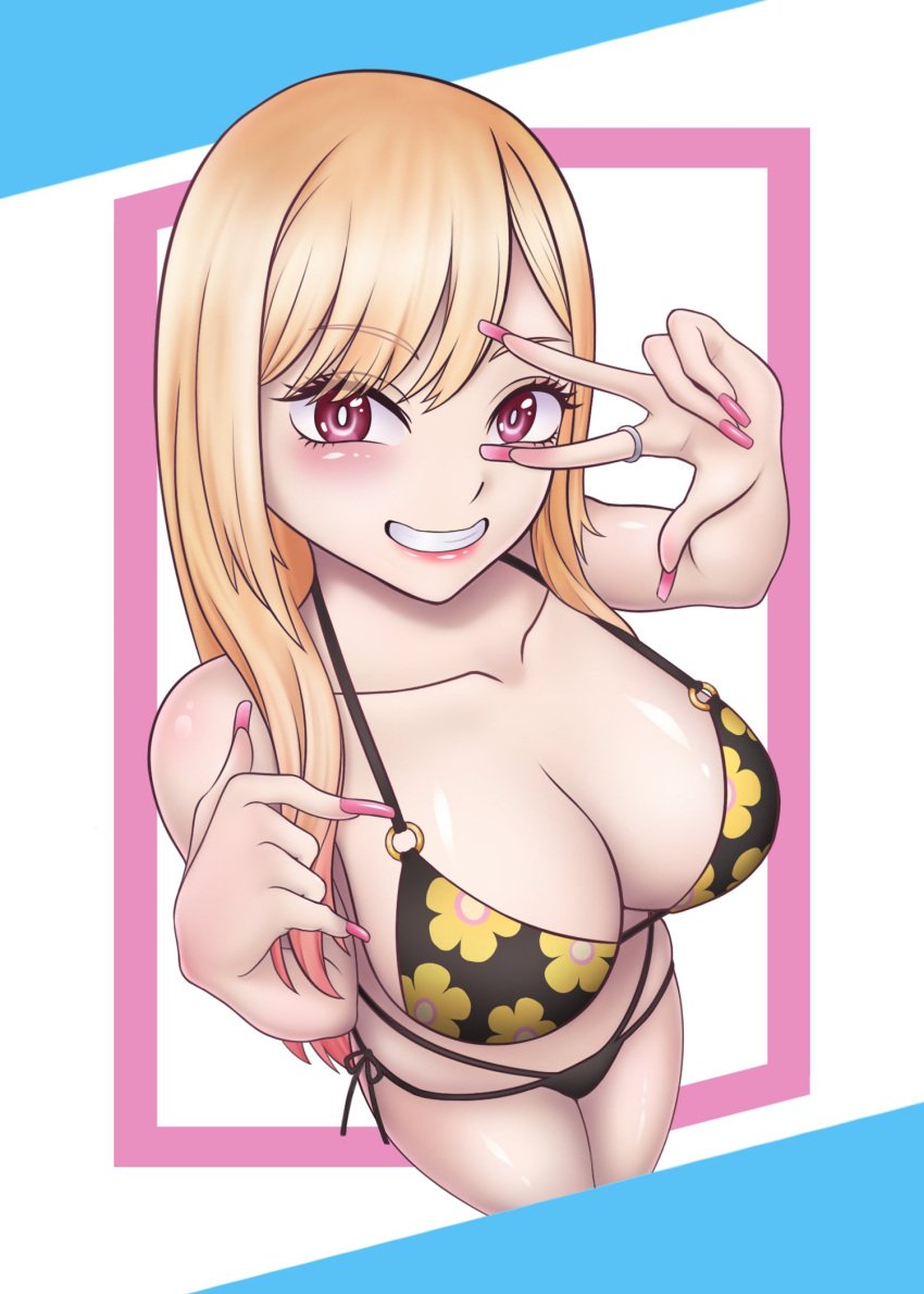 1girls alternate_version_available big_breasts bikini bikini_bottom bikini_top black_bikini blonde_hair breasts cleavage female female_only gyaru hair handwear huge_breasts kitagawa_marin light-skinned_female light_skin lips long_hair long_nails nail_polish nails pink_eyes pink_nail_polish pink_nails ring smile solo sono_bisque_doll_wa_koi_wo_suru swimwear whiter_23_(23whiter)