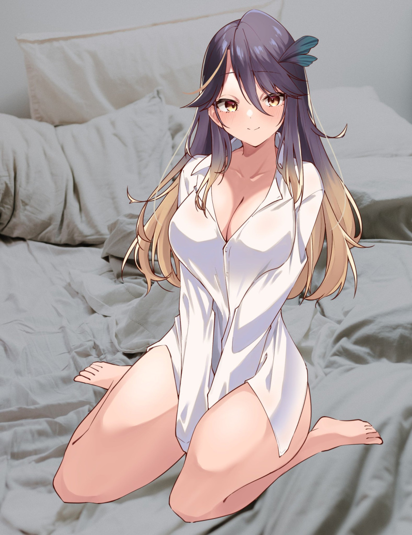 1girls bedroom big_breasts cleavage female female_only indoors light-skinned_female light_skin looking_at_viewer lua_asuka pajamas photo_background production_kawaii purple_hair room smile solo two_tone_hair usa_otome virtual_youtuber yellow_eyes yellow_hair