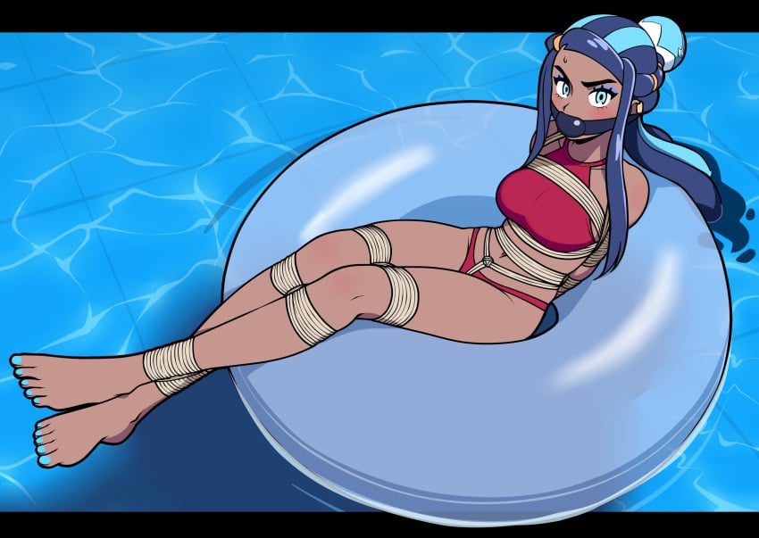 1girls ball_gag black_hair blue_eyes blue_hair blush bondage bound dark_skin floatie gag gagged hi_res jam-orbital long_hair nessa_(pokemon) nintendo pokemon pokemon_ss restrained rope rope_bondage solo sweat swimsuit tied tied_up two_tone_hair