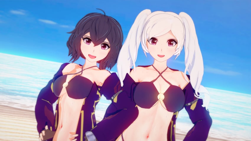 2girls 3d alternate_costume bare_midriff beach bikini black_hair breasts cleavage coat female female_only fire_emblem fire_emblem_awakening fire_emblem_heroes large_breasts looking_at_viewer medium_hair midriff more_at_source morgan_(fire_emblem) morgan_(fire_emblem)_(female) mrqwerty multiple_girls nintendo o-ring ocean official_alternate_costume open_mouth outdoors purple_bikini purple_eyes purple_swimsuit robin_(fire_emblem) robin_(fire_emblem)_(cosplay) robin_(fire_emblem)_(female) short_hair smile swimsuit twintails underboob