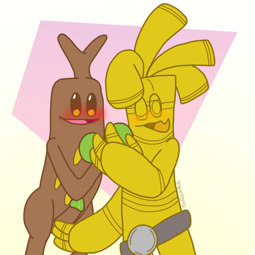 2d_(artwork) brown_body coins dick femboy gay gholdengo gold_body gold_eyes gold_hair humanoid male/male male_only pink_background pokemon pokemon_(species) pokemon_sv pose precum spots sudowoodo surfugo usokkie