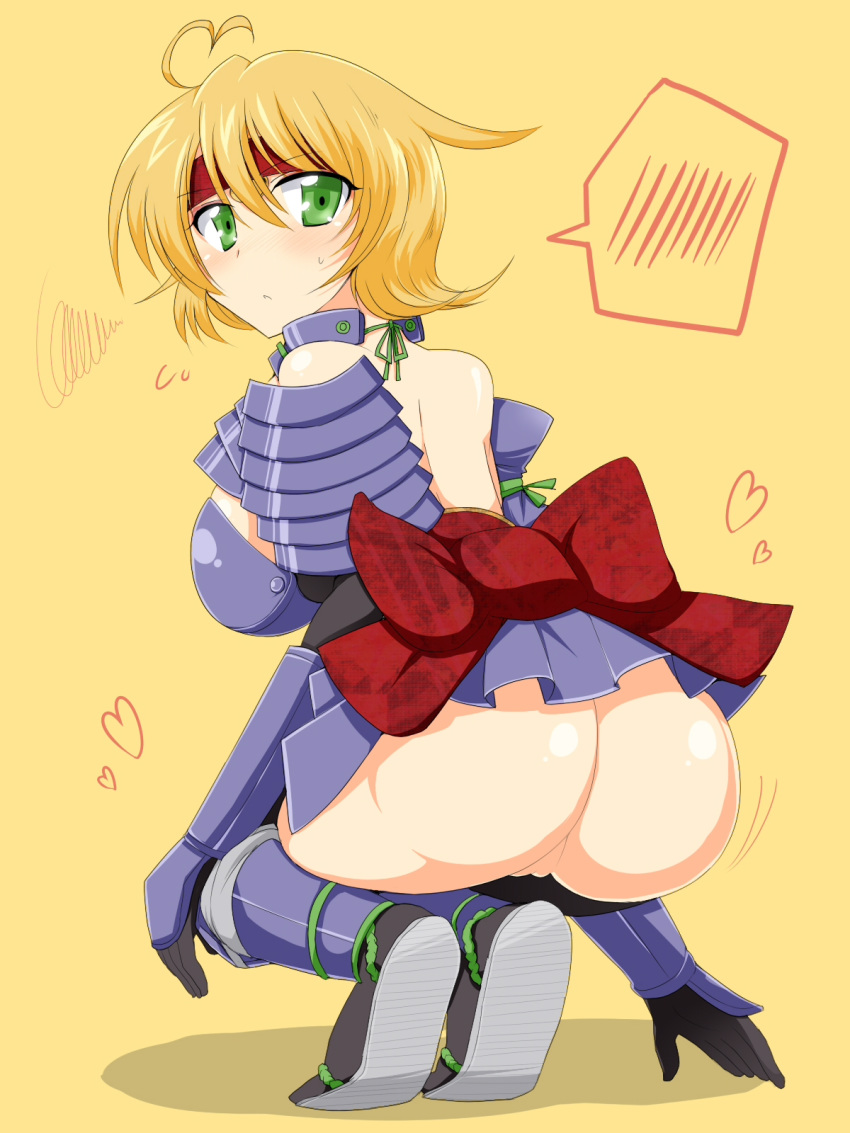 armor ass blonde_hair blush green_eyes headband highres kneeling no_panties pointy_chin pussy uncensored wedge