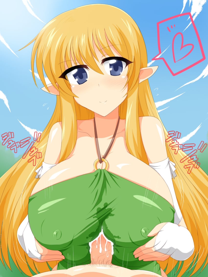 1boy 1girls big_breasts blonde_hair blue_eyes blush breasts clothed_female_nude_male clothed_paizuri clothing covered_nipples cum erect_nipples erect_nipples_under_clothes female gloves highres large_breasts light-skinned_female light-skinned_male light_skin long_hair male overlordzeonmk3 paizuri paizuri_under_clothes penis pointy_ears pubic_hair smile straight tiffania_westwood titfuck uncensored wedge zero_no_tsukaima zzz