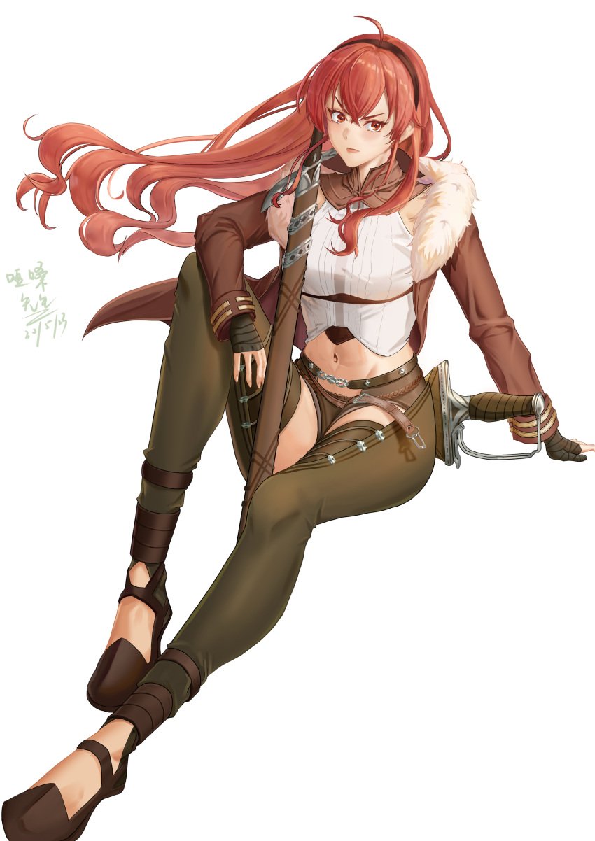 1girls belly_button eris_greyrat female female_only flowing_hair headband jacket mushoku_tensei red_eyes red_hair solo stomach strap sword thighs