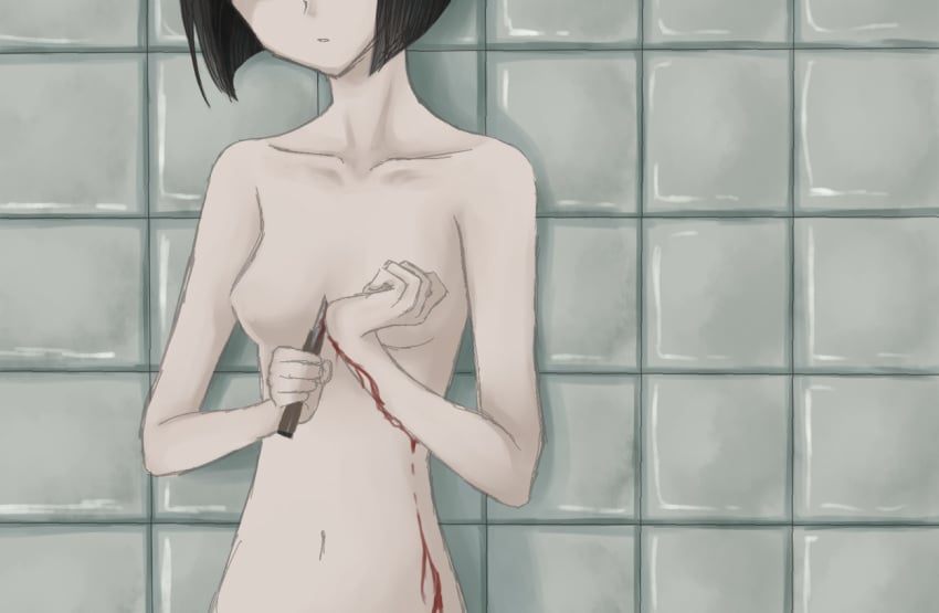 bleeding blood blood_stain blood_trail color female female_only front_view guro incision injury misaki_nakahara navel nhk_ni_youkoso! no_nipples nude open_wound razor self_harm self_injury solo suicide welcome_to_the_nhk wound wrist_cutting