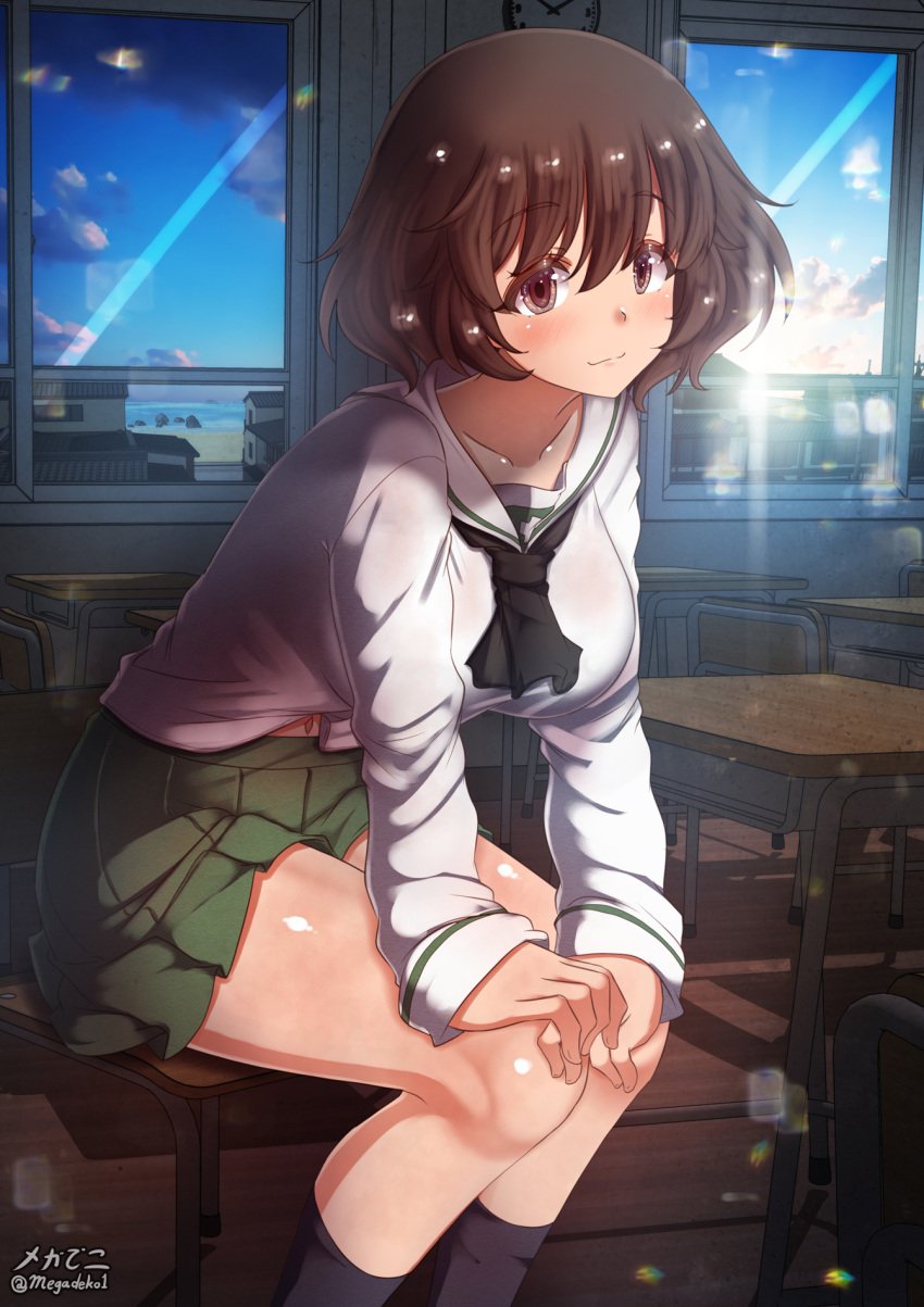 1girls akiyama_yukari aquaegg blush breasts brown_eyes brown_hair classroom closed_mouth female girls_und_panzer indoors large_breasts looking_at_viewer navel ooarai_school_uniform school_uniform short_hair skirt smile solo