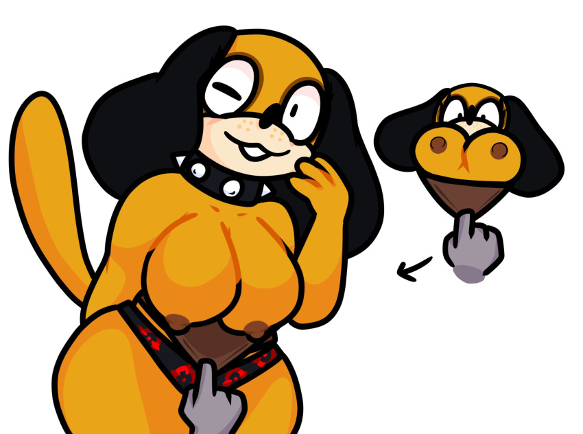 2023 anthro big_breasts breasts disembodied_hand dog_ears dog_girl dog_tail duck_hunt duck_hunt_dog female furry huntress_(lewdewott) lewdewott nintendo rule_63 spiked_collar