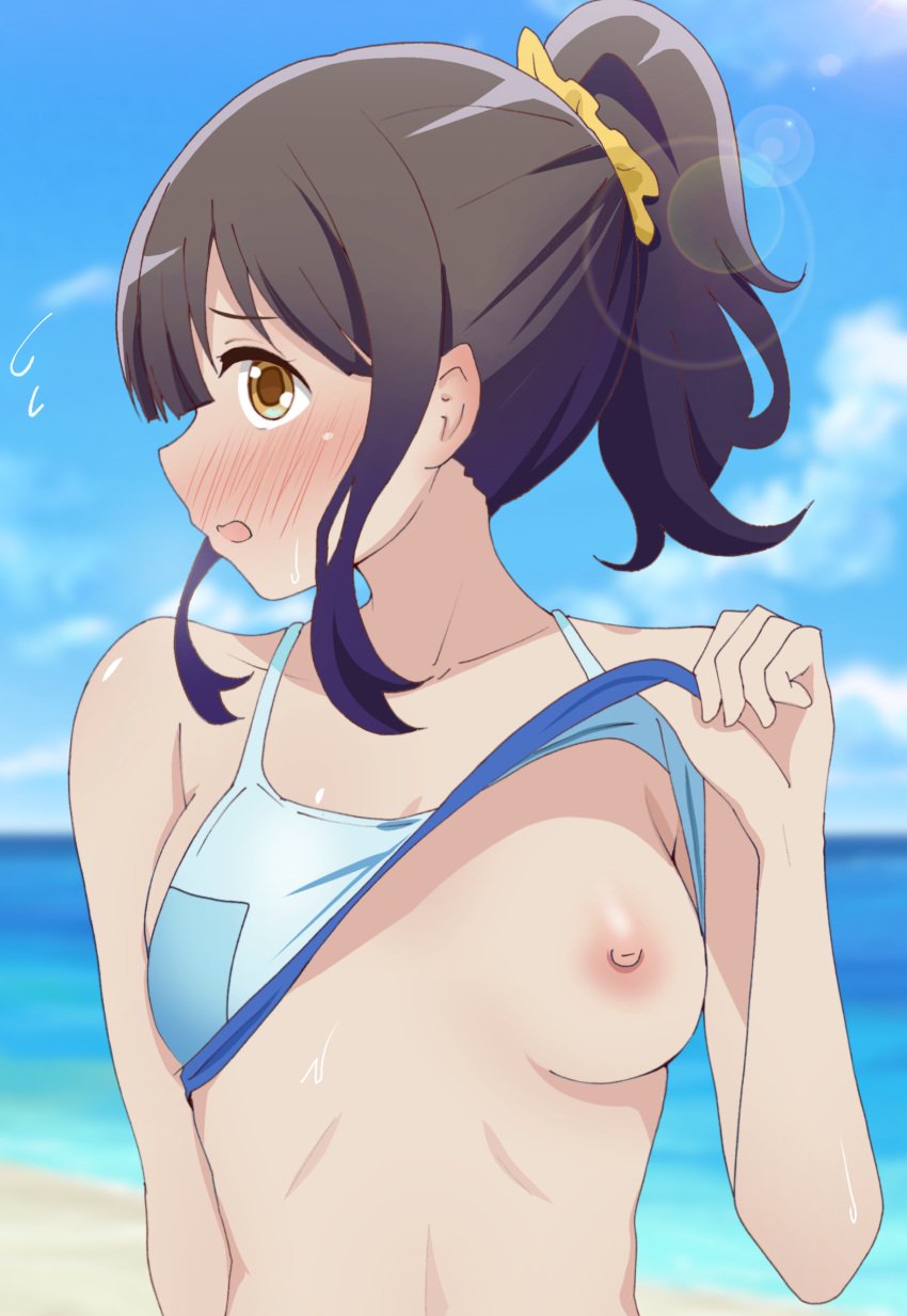 1girls black_hair breasts brown_eyes harukana_receive higa_kanata nipples one_breast_out poa_mellhen ponytail solo