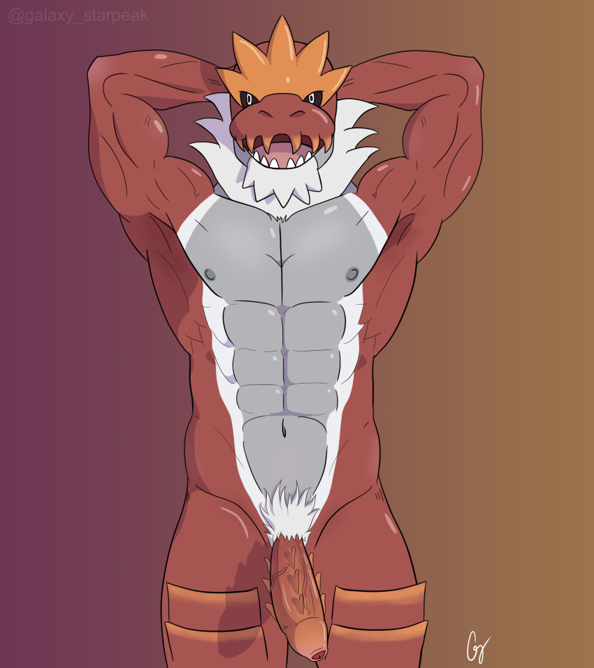 abdominals abs anthro bara bodypaint dick dinosaur flaccid furry humanoid humanoid_genitalia humanoid_penis male male_only muscular muscular_male nipples nude pecs pectorals penis pokemon pokemon_(species) pokemon_xy scales scalie scalie_humanoid shiny_skin solo solo_male stretch stretching tyrantrum