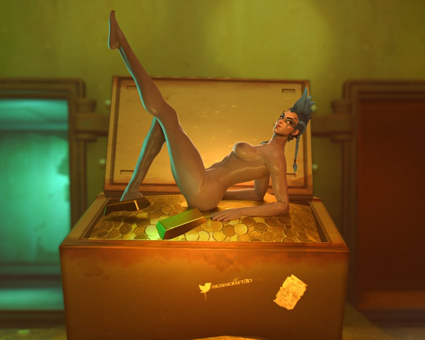 1girls 3d blender female female_focus female_only hexencraft high_resolution junker_queen junkertown_(map) muscles muscular muscular_female overwatch overwatch_2 pinup tongue_out treasure treasure_chest