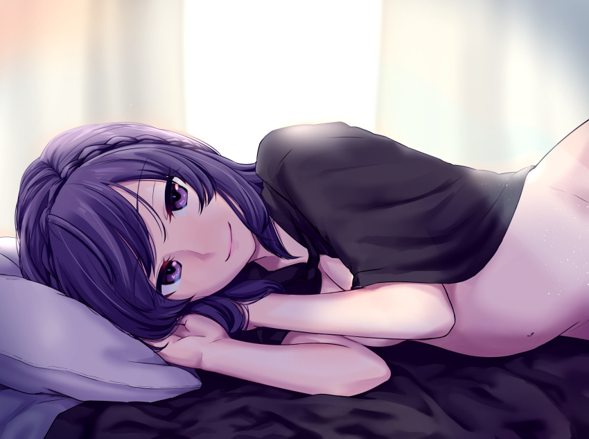 1girls bed bedroom black_cape black_cloak breasts cape cape_only cloak cloak_only fault_milestone female in_bed light-skinned_female light_skin looking_at_viewer naked_cape naked_cloak pov pov_eye_contact pregnant purple_eyes purple_hair ritona_reighnvhasta smile smiling smiling_at_viewer solo tenamaru wholesome