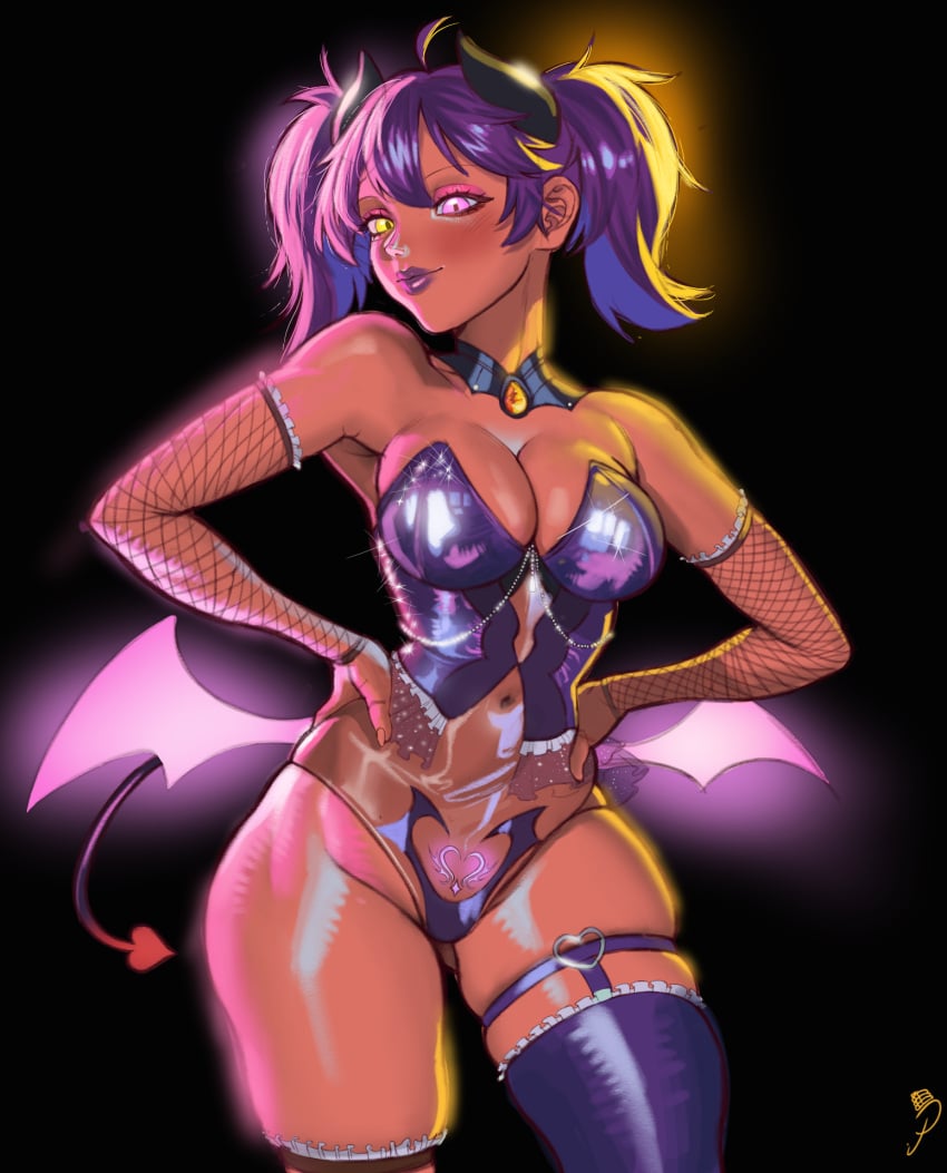 ass_visible_through_thighs big_breasts bodysuit breasts collar corset costume dark-skinned_female fanart female female_only gloves glowing glowing_tattoo hand_on_hip heterochromia hispanic_virtual_youtuber horns indie_virtual_youtuber jewelry latam_virtual_youtuber latex legwear lipstick looking_at_viewer makeup official_alternate_costume pankekes pose pubic_tattoo purple_eyes purple_hair simple_background succubus succubus_costume succubus_tail succubus_tattoo succubus_wings thick_thighs thighhighs thighs tight_clothing twintails twitch virtual_youtuber vtuber wide_hips yellow_eyes yokomara_yuziko