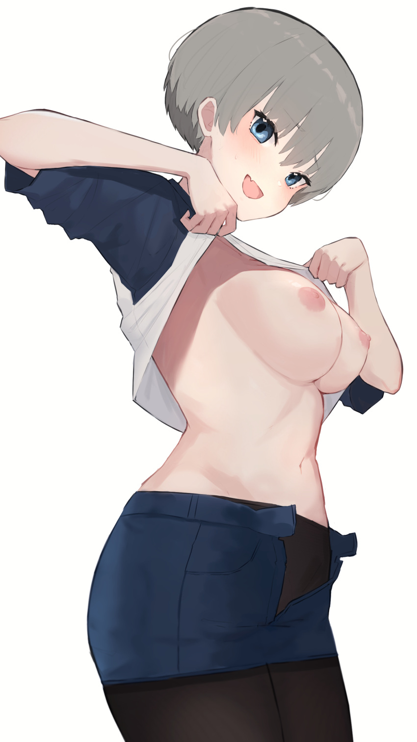 big_breasts blue_eyes blush denim_skirt exposed_breasts female female_only gray_hair hiepita97 huge_breasts large_breasts lifted_by_self nipples pink_nipples smile smiling solo unbuttoned unbuttoned_pants undressing uzaki-chan_wa_asobitai! uzaki_hana very_short_hair