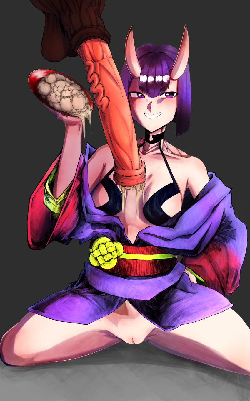 1girls animal_genitalia bestiality big_testicles container cum cum_on_breasts fate/grand_order fate_(series) female hairless_penis hairless_pussy hairless_testicles horn horns horse horse_penis horsecock huge_cock huge_testicles kimono no_nipples purple_eyes purple_hair pussy shoulders shuten_douji_(fate) small_breasts spread_legs spread_pussy tofo_u