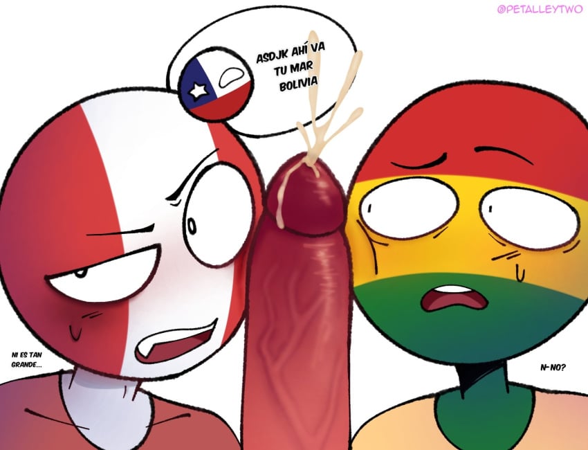 3boys anxious before_oral bolivia_(countryhumans) chile_(countryhumans) colored_skin countryhumans cum gay gay_sex male male_only meme oerba_yun_fang peru_(countryhumans) red_penis shitpost spanish_text staring_at_penis text wide_eyed yaoi