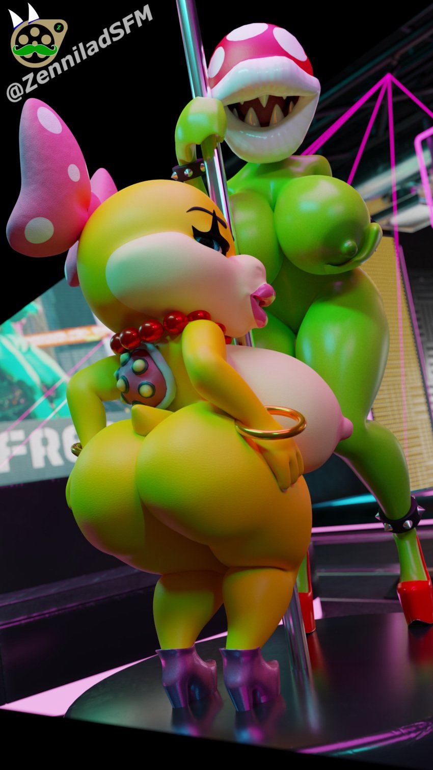 2girls 3d 3d_(artwork) anthro big_ass big_breasts bimbo female female_only huge_ass huge_breasts mario_(series) naked nintendo nude piranha_plant shortstack strip_club stripper stripper_pole wendy_o._koopa wyerframez zenniladsfm