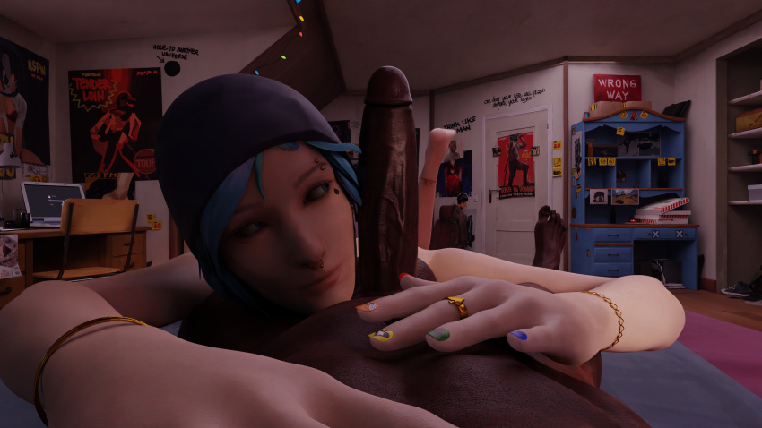 1boy 1girls 3d artist_request balls beanie bedroom blue_hair bracelet chloe's_bedroom chloe_price dark-skinned_male erection face_tattoo feet female hat interracial jewelry laying_on_bed life_is_strange lips looking_at_penis lying male nail_polish nose_ring on_front on_lap penis queen_of_spades queen_of_spades_symbol ring smile tattoo