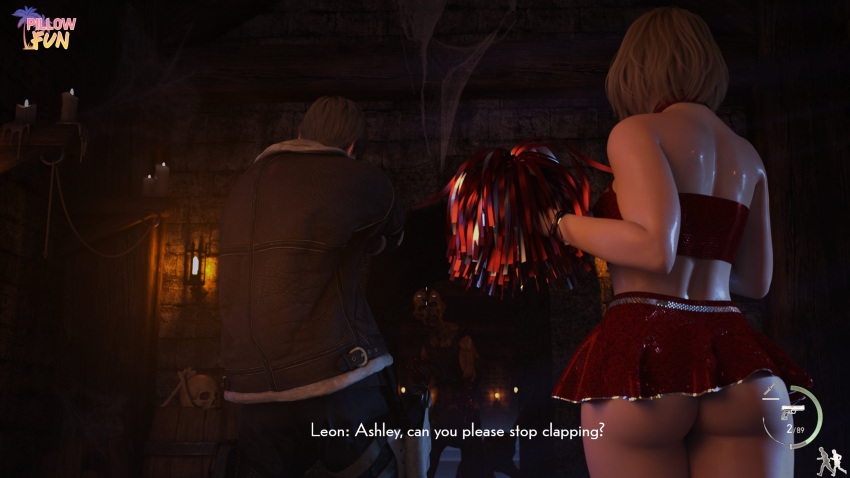 1boy 1girls 3d ashley_graham ashley_graham_(ella_freya) ass ass_clapping ass_focus blonde_hair cheerleader child_bearing_hips english_text female leon_scott_kennedy leon_scott_kennedy_(eduard_badaluta) male meme midriff miniskirt pillowfun pom_poms resident_evil resident_evil_4 resident_evil_4_remake short_skirt skirt text thick_thighs