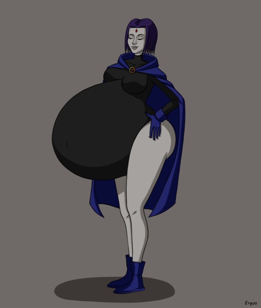 1girls ambiguous_prey belly big_belly breasts closed_eyes dc dc_comics ergos gray_skin grey_skin implied_vore post_vore purple_hair rachel_roth raven_(dc) round_belly teen_titans tight_clothing vore vore_belly