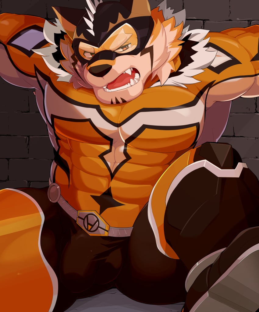 abs absurd_res angry anthro bound bulge captured clothed clothing detailed_bulge eyebrows felid fur genital_outline hi_res lifewonders live_a_hero male mammal muscular muscular_anthro muscular_male orange_body orange_fur orangetaming pantherine pecs penis_outline ryekie_(live_a_hero) solo striped_body striped_fur stripes thick_eyebrows tiger