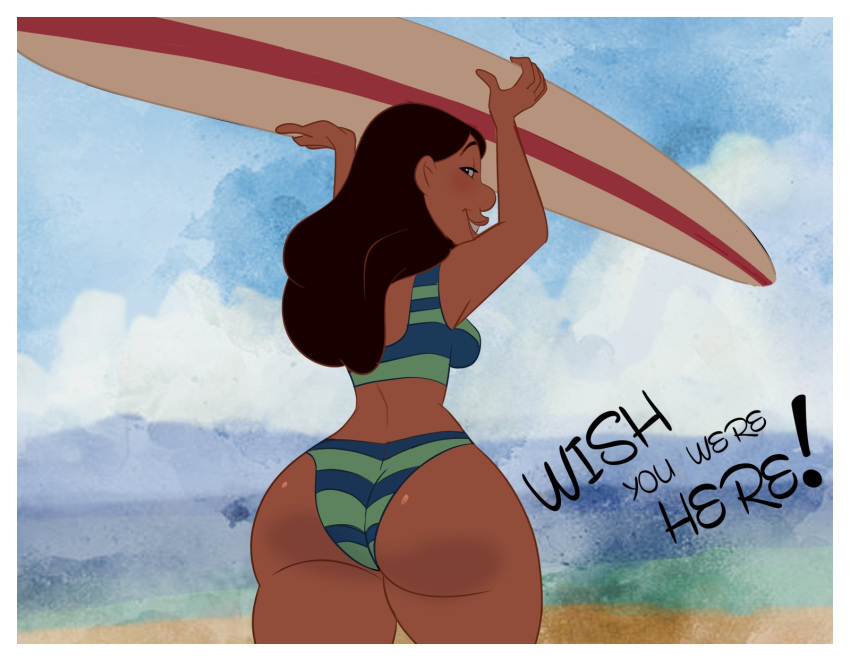 1girls 2023 ass beach big_ass bikini black_hair dark-skinned_female dark_skin datguyphil disney english_text female female_only holding_surfboard hourglass_figure lilo_and_stitch long_black_hair long_hair looking_back_at_viewer nani_pelekai pinup postcard solo surfboard swimsuit text thick_thighs