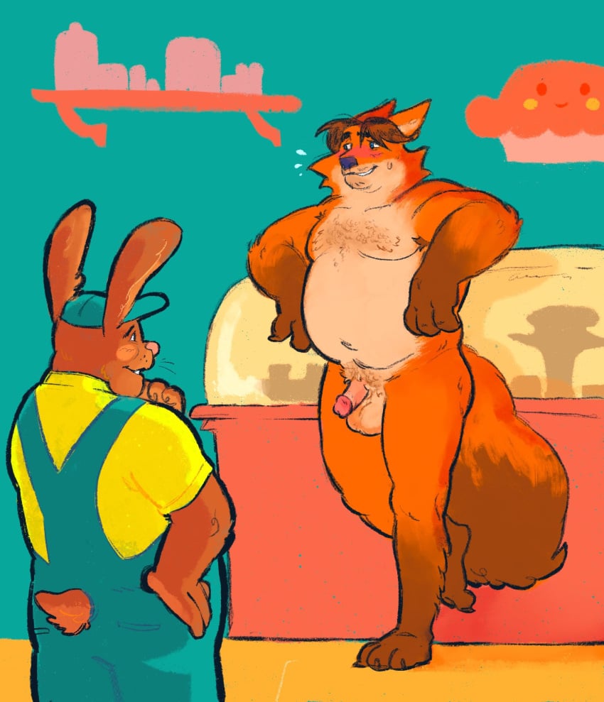 2023 anthro balls belly blush canid canine clothing disney duo fox genitals gideon_grey grosspups hi_res lagomorph leporid male male/male mammal moobs orange_body overalls overweight overweight_male penis rabbit shirt stu_hopps topwear zootopia