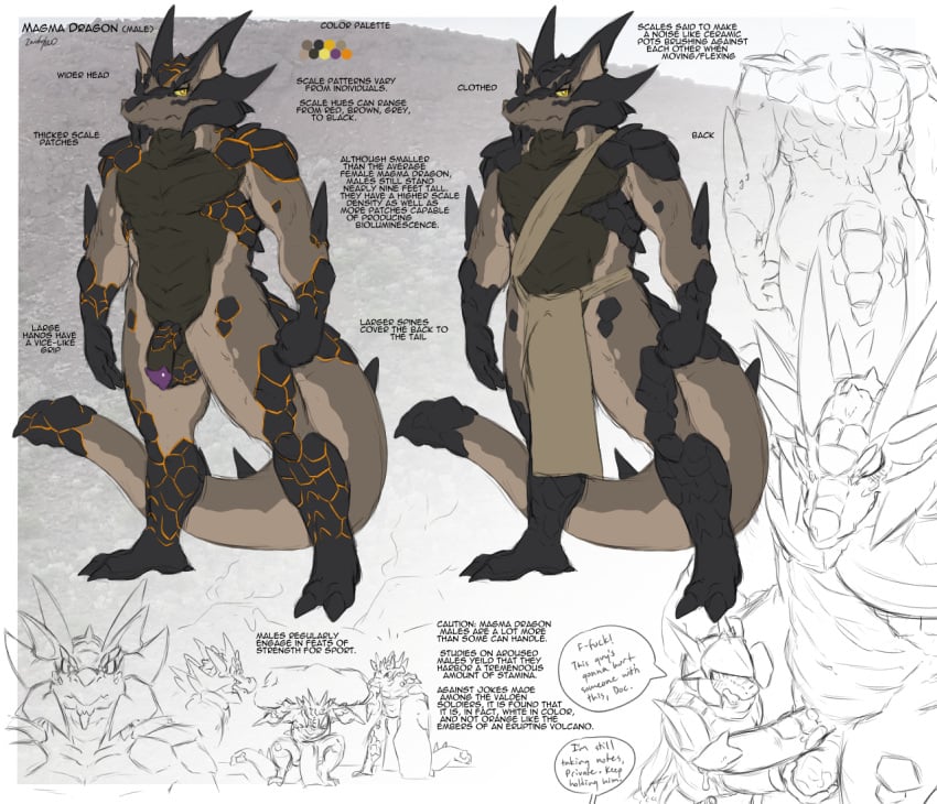 2017 anthro armor balls biped bottomwear clothed clothing color_swatch colored dialogue dialogue_box dragon english_text erection flaccid genitals horn loincloth male offscreen_character penis scalie signature size_difference speech_bubble standing tan_body text western_dragon zerofox1000