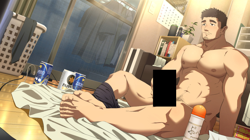 1boy abs bar_censor bara beard black_hair blush censored erection facial_hair from_below full_body goatee heavily_censored highres indoors large_pectorals lube male_focus male_masturbation male_only male_pubic_hair masturbation mature_male moustache muscular muscular_male navel navel_hair nipples original oro9 paid_reward_available pants_around_one_leg pectorals pubic_hair short_hair sideburns sitting solo stomach stubble tenga thick_eyebrows thick_thighs thighs wooden_floor