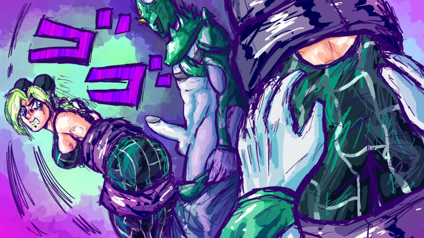 1boy 1girls abstract_background angry arms_behind_back ass ass_grab bent_over c-moon_(jjba) clothed clothing defeated defeated_heroine female green_hair green_lipstick groping imminent_anal imminent_penetration imminent_rape jojo's_bizarre_adventure jojo_no_kimyou_na_bouken jolyne_kujo just_a_lil_guy light-skinned_female light_skin lipstick looking_at_another looking_back male/female menacing_(jojo) menacing_(meme) penis penis_out rape sideboob stand_(jjba) stone_ocean straight stuck stuck_in_object two_tone_hair undressing villain villain_on_hero white_skin